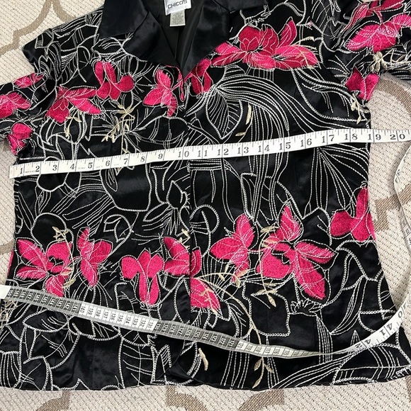 Chico’s Silk Blend Black Fuchsia Floral Embroidered Lined Jacket Sz 1 M/8 - Picture 4 of 13